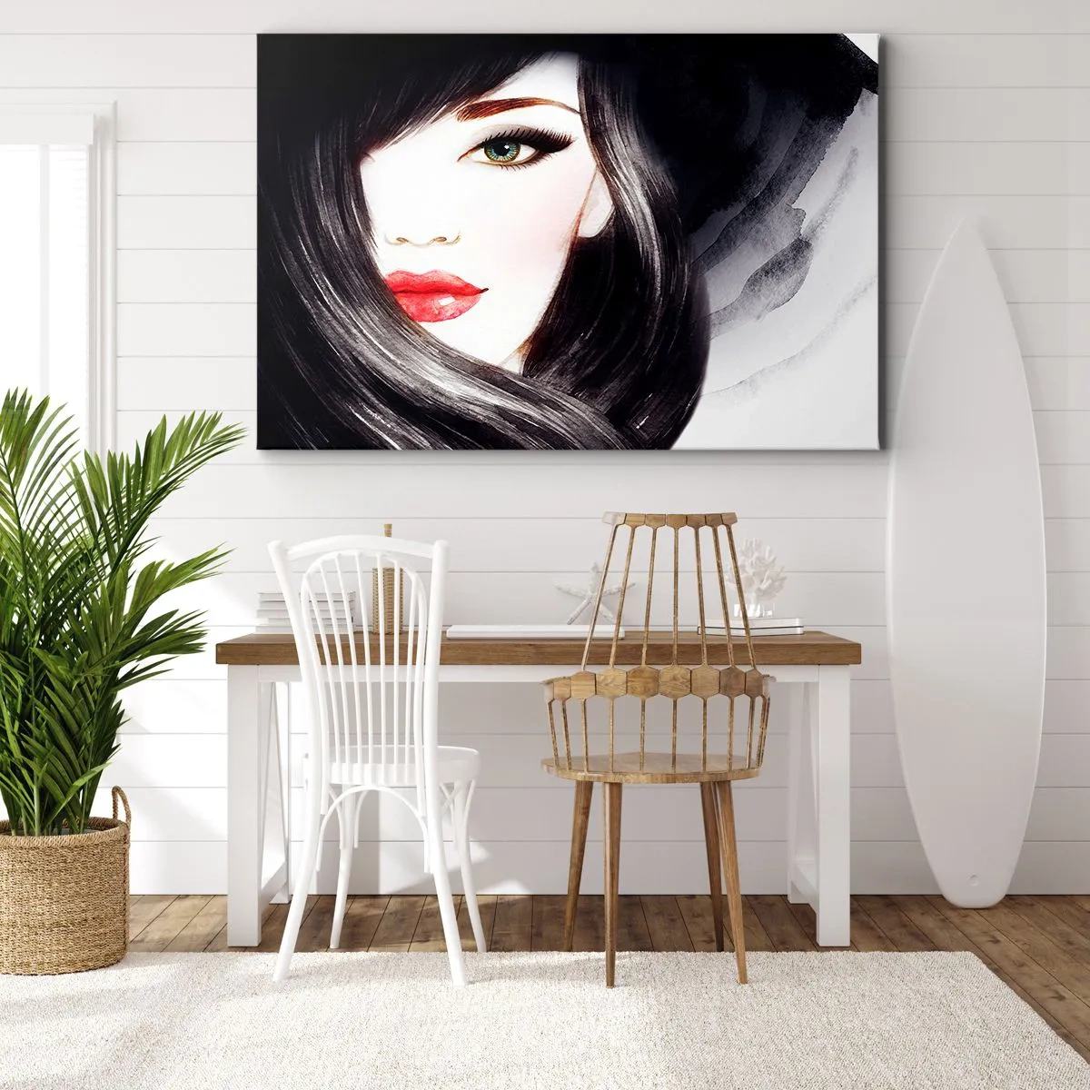 Impression sur toile - Image sur toile - Portrait d'une femme au regard expressif et aux lèvres rouges - 70x50cm - Aspect saphir - Décoration murale moderne pour le salon et la chambre ARTTOR