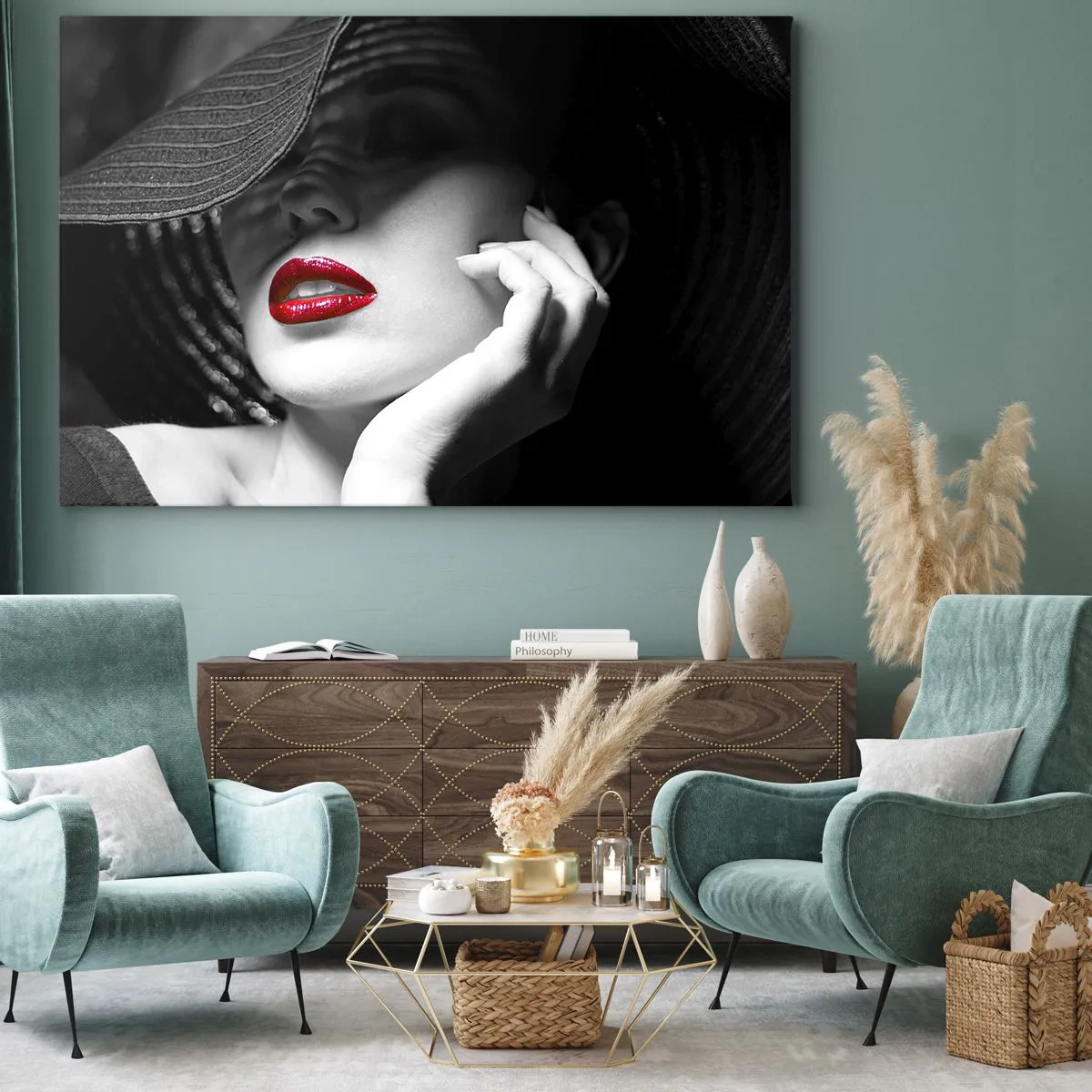 Impression sur toile - Image sur toile - Portrait noir et blanc d'une femme aux lèvres rouges - 100x70cm - Étude écarlate - Décoration murale moderne pour le salon et la chambre ARTTOR