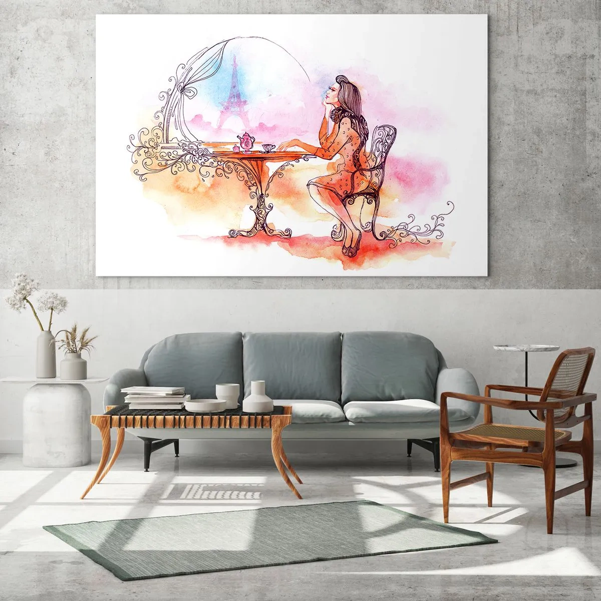 Impression sur verre - Image sur verre - Une femme à une table avec vue sur la Tour Eiffel dans des tons pastel - 100x70cm - Le chic parisien - Décoration murale moderne pour le salon et la chambre ARTTOR