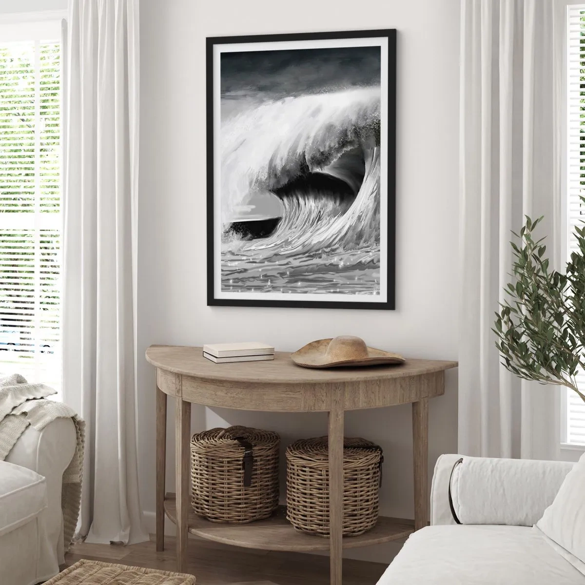 Affiche dans un cadre noir - Poster - Une vague puissante dans des tons de gris - 50x70cm - La colère de l'océan - Décoration murale moderne pour le salon et la chambre ARTTOR