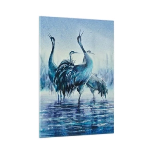 Impression sur verre - Image sur verre - Grues sur fond de brouillard et d'eau dans des tons bleus - 70x100cm - Réunion matinale - Décoration murale moderne pour le salon et la chambre ARTTOR
