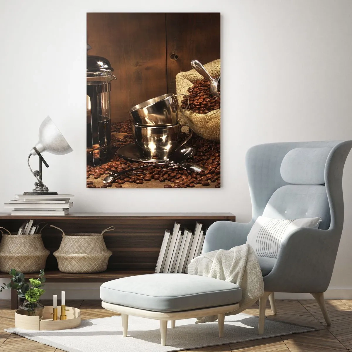 Impression sur verre - Image sur verre - Cafetière, tasses et un sac de grains de café - 50x70cm - Le charme du café - arôme et goût - Décoration murale moderne pour le salon et la chambre ARTTOR