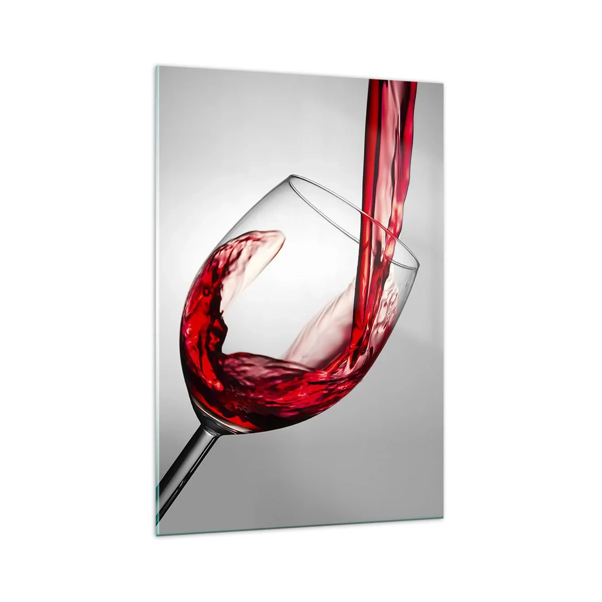 Impression sur verre - Image sur verre - Un verre de vin rouge versé sur un fond clair - 70x100cm - Nuance - mouvement - son - Décoration murale moderne pour le salon et la chambre ARTTOR