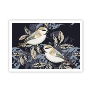 Affiche - Poster - Oiseaux sur des branches dans un arrière-plan ornemental - 100x70cm - Babillement jaune et bleu - Décoration murale moderne pour le salon et la chambre ARTTOR