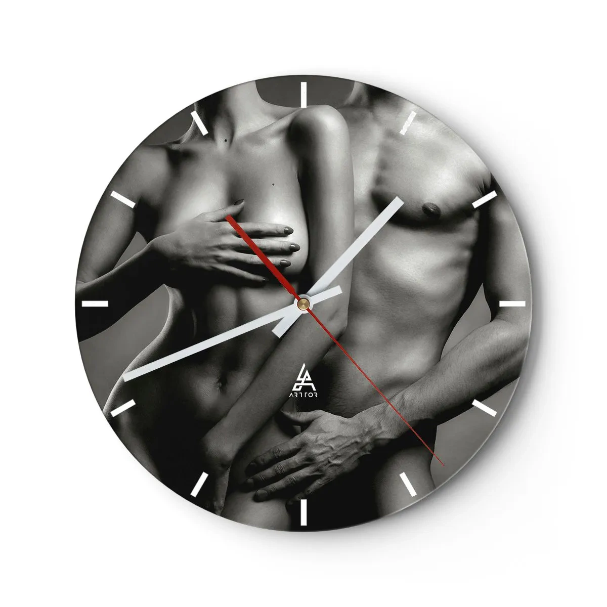 Horloge murale - Pendule murale - Nu artistique dans les tons de noir et blanc - 30x30cm - Adam et Eve - Décoration murale moderne pour le salon, la cuisine et la chambre ARTTOR