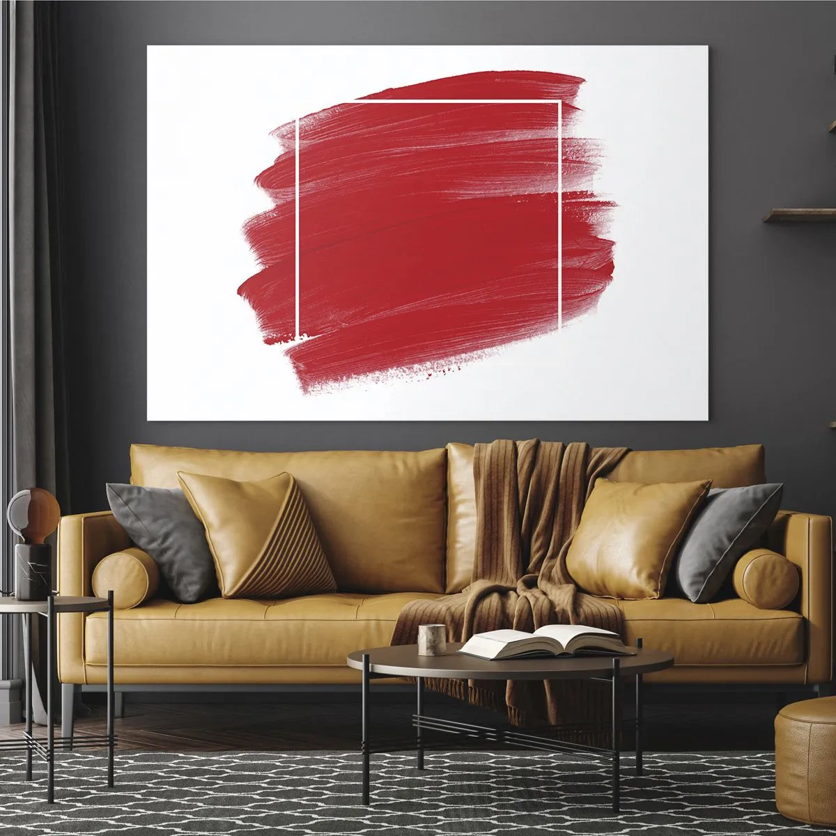 Impression sur verre - Image sur verre - Tache rouge abstraite avec un cadre blanc - 100x70cm - En dehors du cadre - Décoration murale moderne pour le salon et la chambre ARTTOR