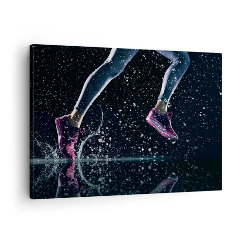 Impression sur toile - Image sur toile - Une prise de vue dynamique d'une course sous la pluie sur fond noir - 70x50cm - Combien de force dans les jambes - Décoration murale moderne pour le salon et la chambre ARTTOR