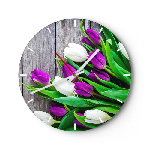 Horloge murale - Pendule murale - Un bouquet de tulipes violettes et blanches sur un fond en bois - 30x30cm - Le jour des vacances de printemps - Décoration murale moderne pour le salon, la cuisine et la chambre ARTTOR
