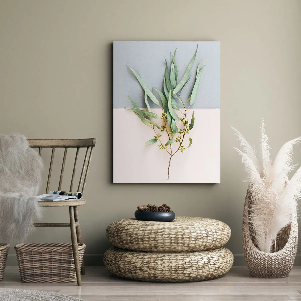 Impression sur toile - Image sur toile - Une branche avec des feuilles sur un fond de tons pastel - 50x70cm - Subtilité pastel - Décoration murale moderne pour le salon et la chambre ARTTOR
