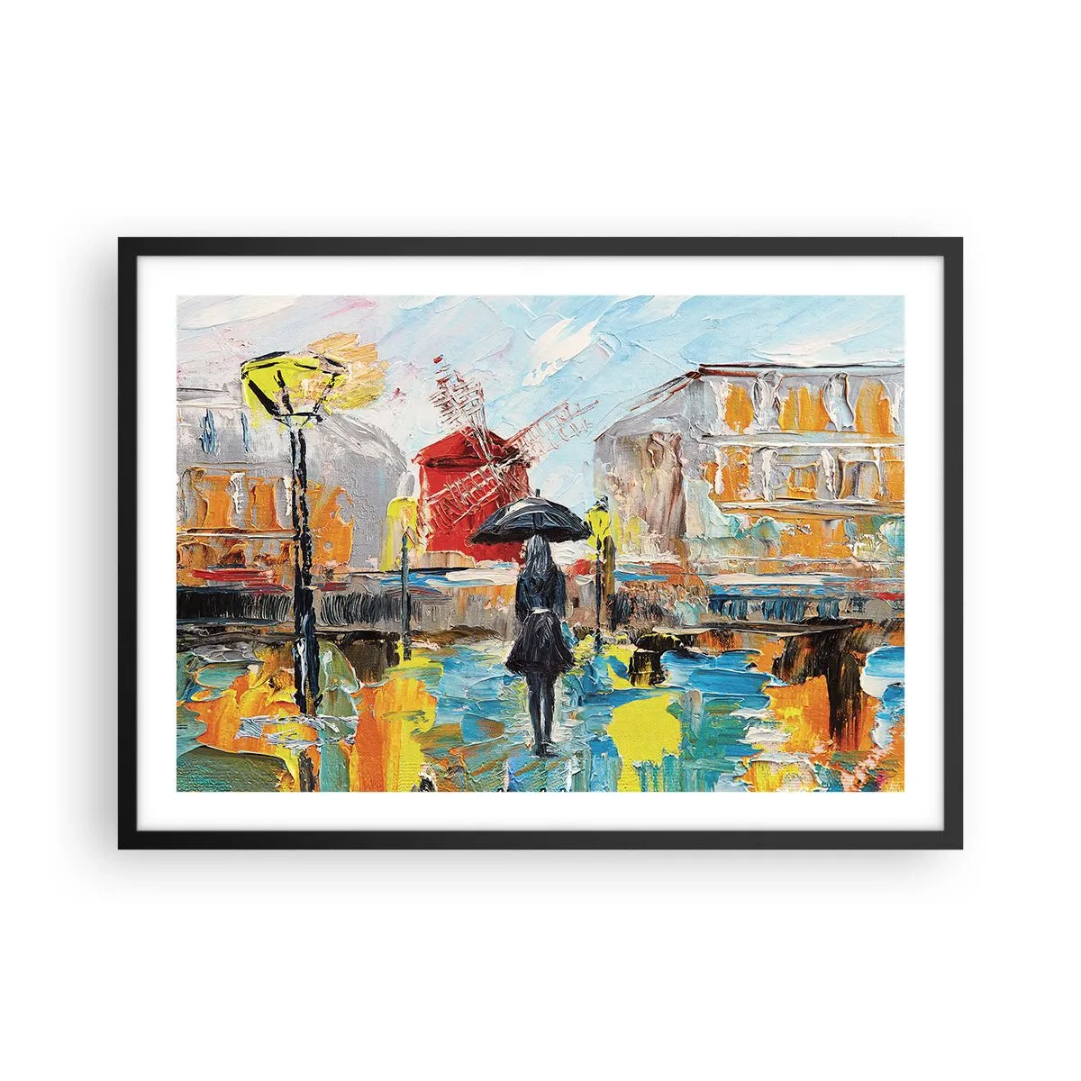 Affiche dans un cadre noir - Poster - Une scène pittoresque avec un parapluie sur fond de Paris aux couleurs vibrantes. - 70x50cm - Légende parisienne - Décoration murale moderne pour le salon et la chambre ARTTOR