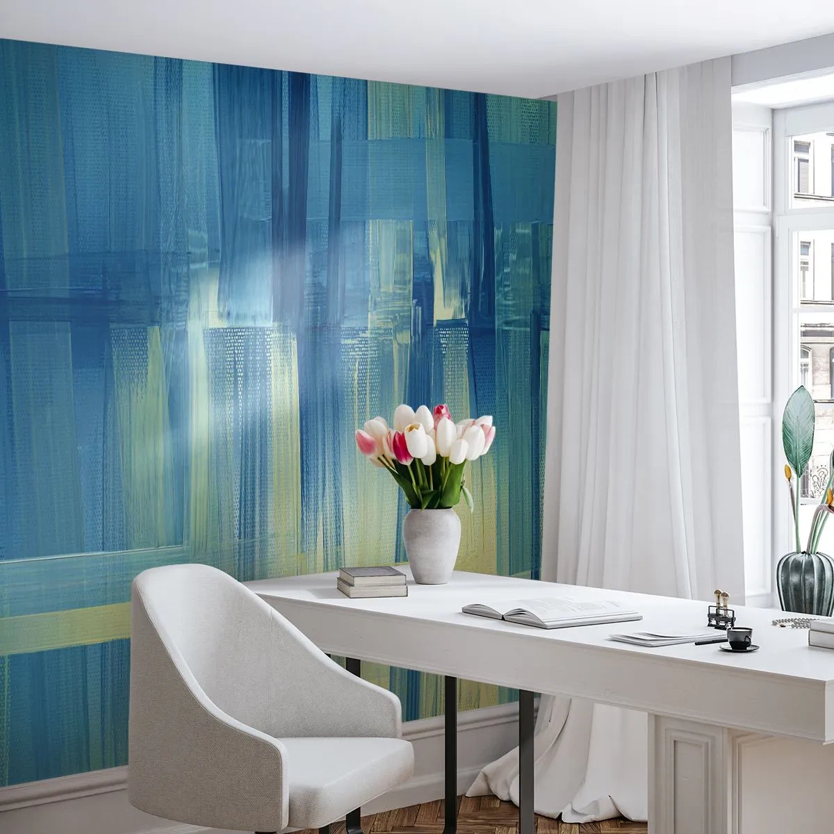 Papier Peint Photo Premium Sand - Coups de pinceau turquoise et jaune dans une forme abstraite - 100x70cm - Composition en turquoise - Décoration murale moderne pour le salon et la chambre ARTTOR
