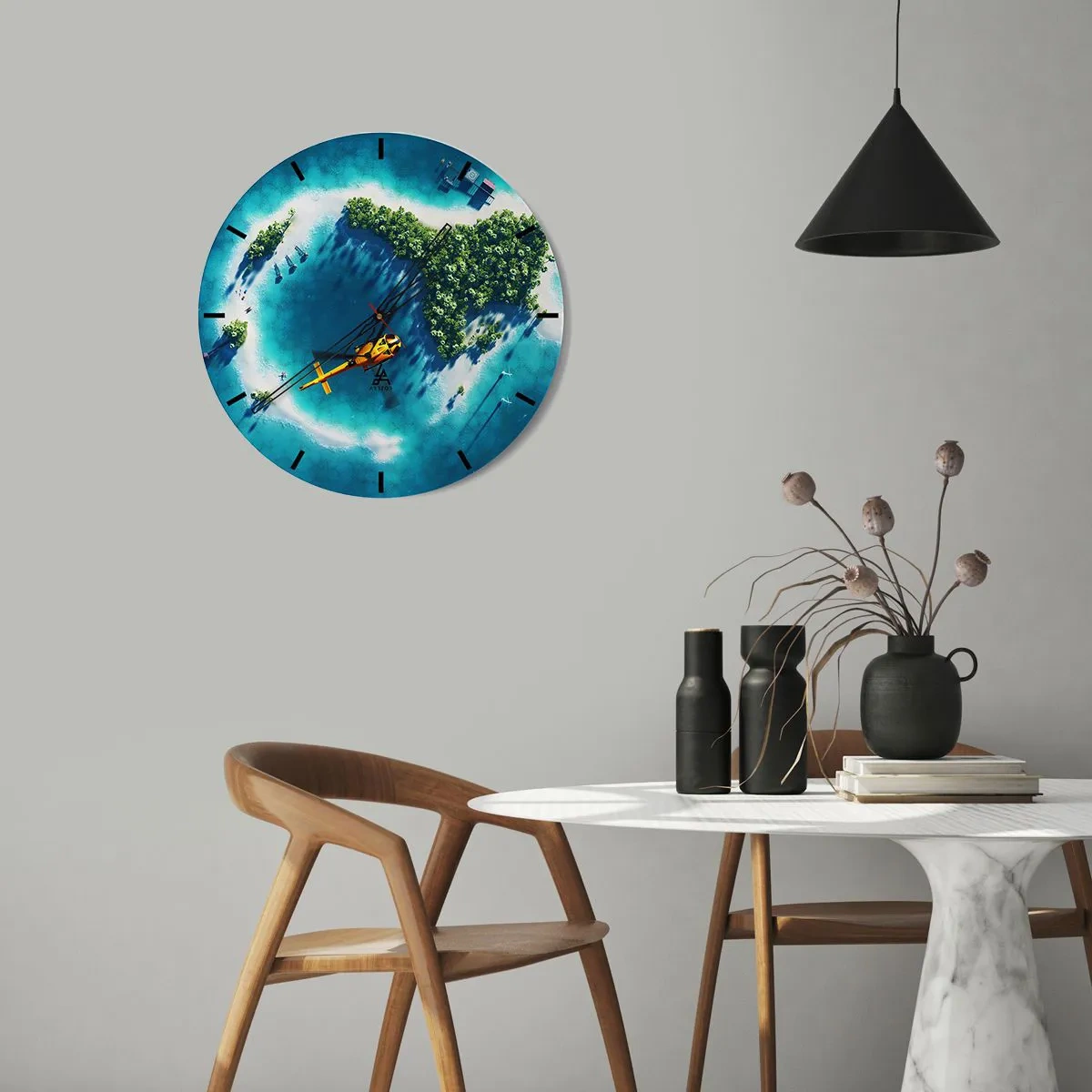 Horloge murale - Pendule murale - Île tropicale avec hélicoptère au-dessus de l'eau turquoise - 30x30cm - Achetez-vous une île - Décoration murale moderne pour le salon, la cuisine et la chambre ARTTOR