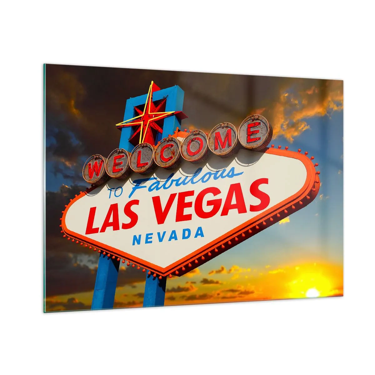 Impression sur verre - Image sur verre - Panneau de bienvenue à Las Vegas contre le soleil couchant - 100x70cm - Après un sourire du destin - Décoration murale moderne pour le salon et la chambre ARTTOR