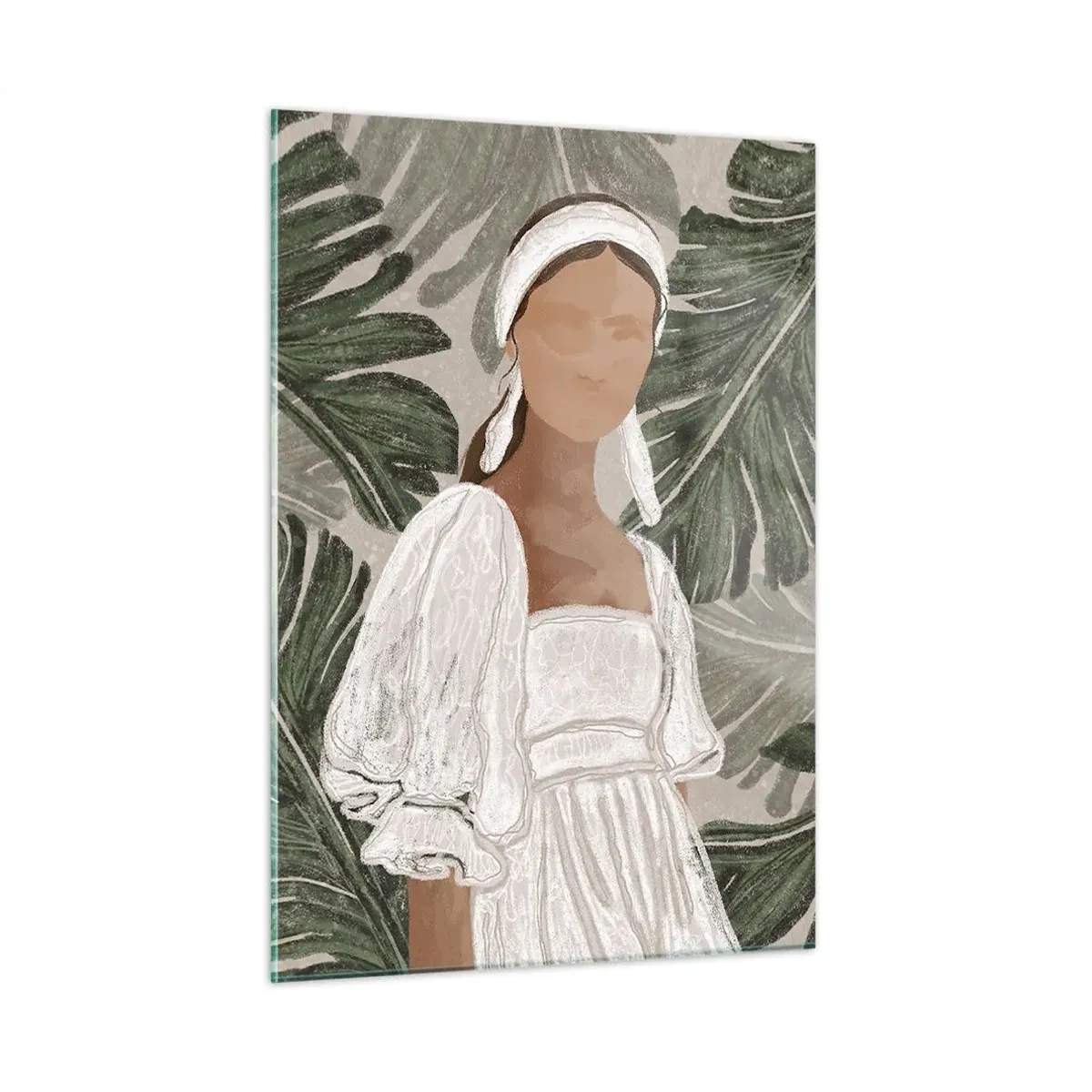 Impression sur verre - Image sur verre - Une femme en robe blanche sur fond de feuilles tropicales vertes. - 50x70cm - Portrait exotique - Décoration murale moderne pour le salon et la chambre ARTTOR