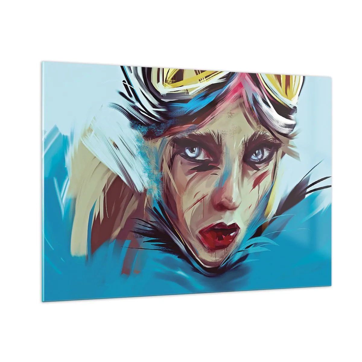 Impression sur verre - Image sur verre - Portrait d'une femme avec des lunettes et des coups de pinceau bleus - 100x70cm - Guerrière errante - Décoration murale moderne pour le salon et la chambre ARTTOR