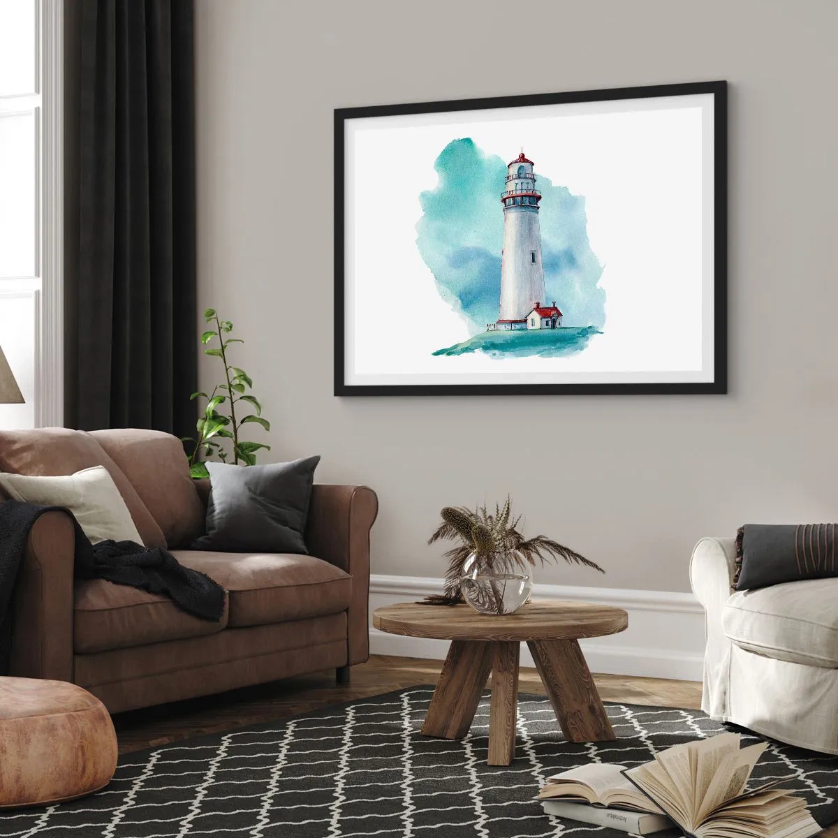 Affiche dans un cadre noir - Poster - Un phare sur un fond bleu aquarelle - 70x50cm - La douce sœur du bleu - Décoration murale moderne pour le salon et la chambre ARTTOR