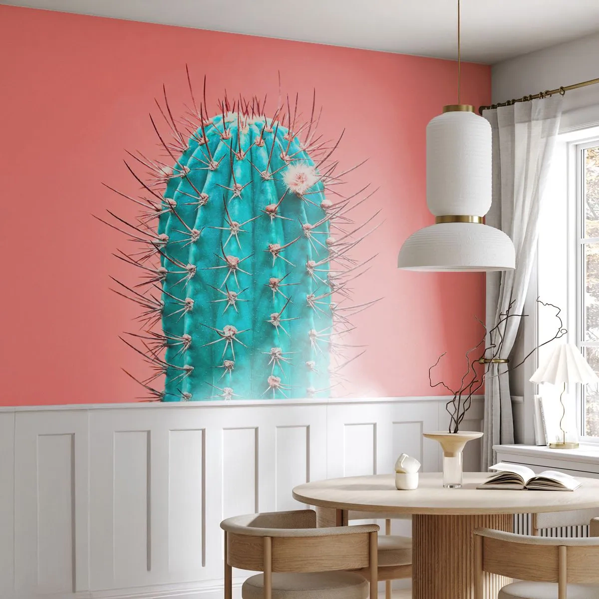 Papier Peint Photo Premium Sand - Cactus turquoise sur fond rose - 100x70cm - Juste regarde - Décoration murale moderne pour le salon et la chambre ARTTOR