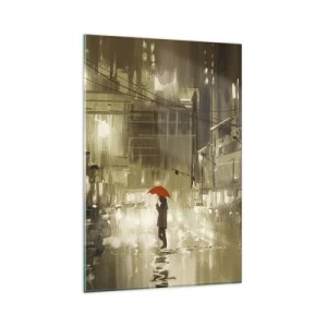 Impression sur verre - Image sur verre - Une silhouette avec un parapluie rouge dans une ville pluvieuse - 80x120cm - Seule mais pas solitaire - Décoration murale moderne pour le salon et la chambre ARTTOR