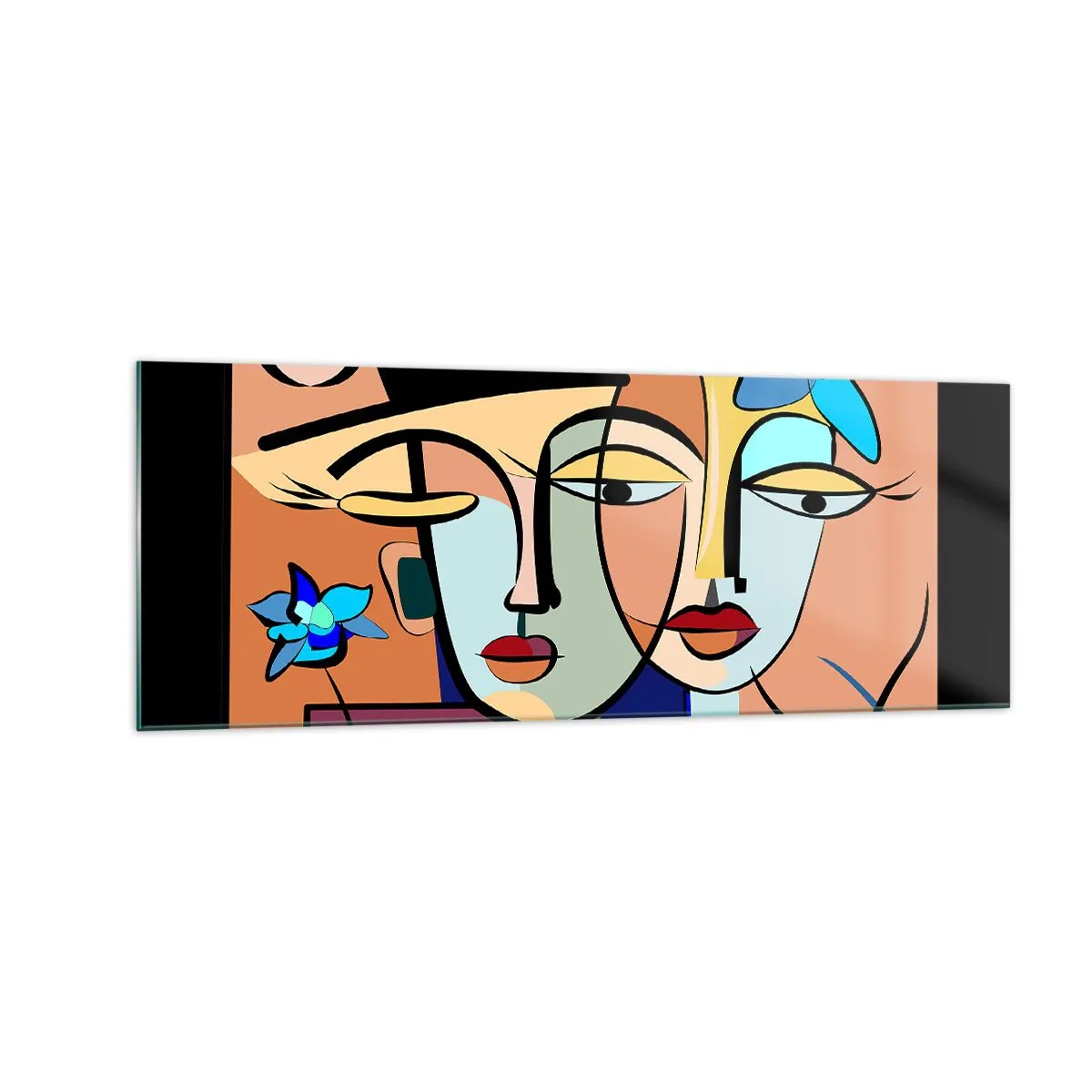 Impression sur verre - Image sur verre - Portraits cubistes aux couleurs vives avec un motif floral - 140x50cm - Le Rendez-vous de Picasso - Décoration murale moderne pour le salon et la chambre ARTTOR