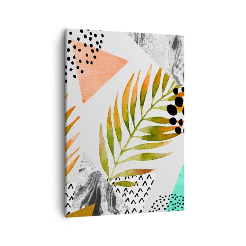 Impression sur toile - Image sur toile - Motif tropical avec des feuilles et des formes géométriques - 50x70cm - Décoration avec feuille de palmier - Décoration murale moderne pour le salon et la chambre ARTTOR