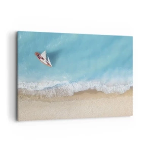 Impression sur toile - Image sur toile - Vue aérienne d'un bateau sur la plage - 100x70cm - A la frontière de l'azur et de l'or - Décoration murale moderne pour le salon et la chambre ARTTOR