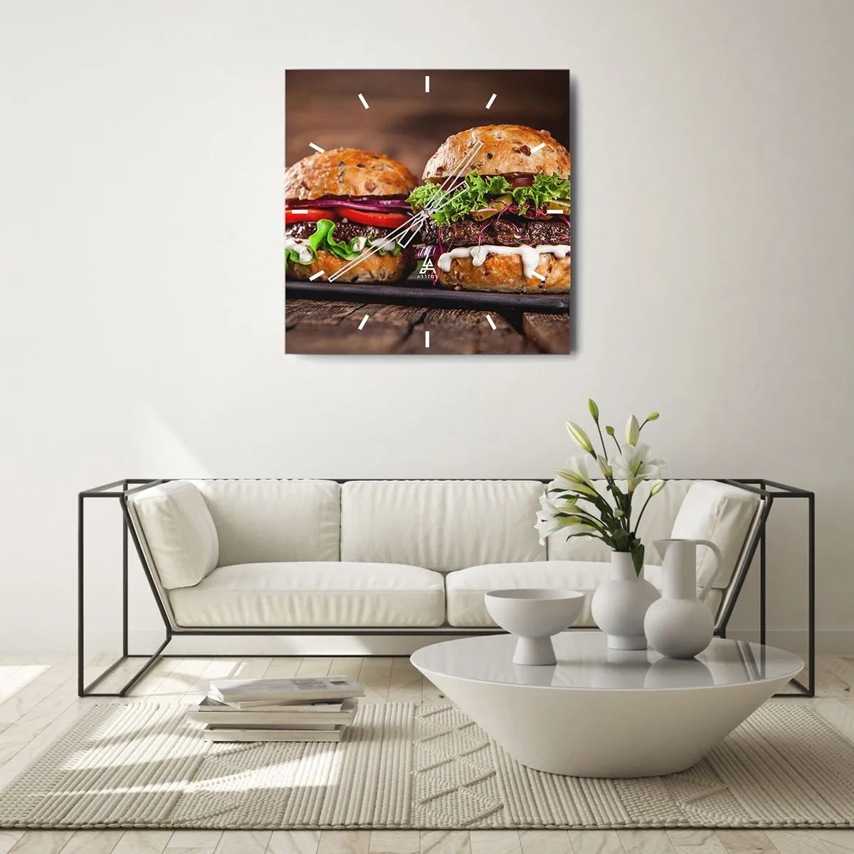 Horloge murale - Pendule murale - Burgers appétissants avec légumes et sauce - 30x30cm - American dream - Décoration murale moderne pour le salon et la chambre ARTTOR