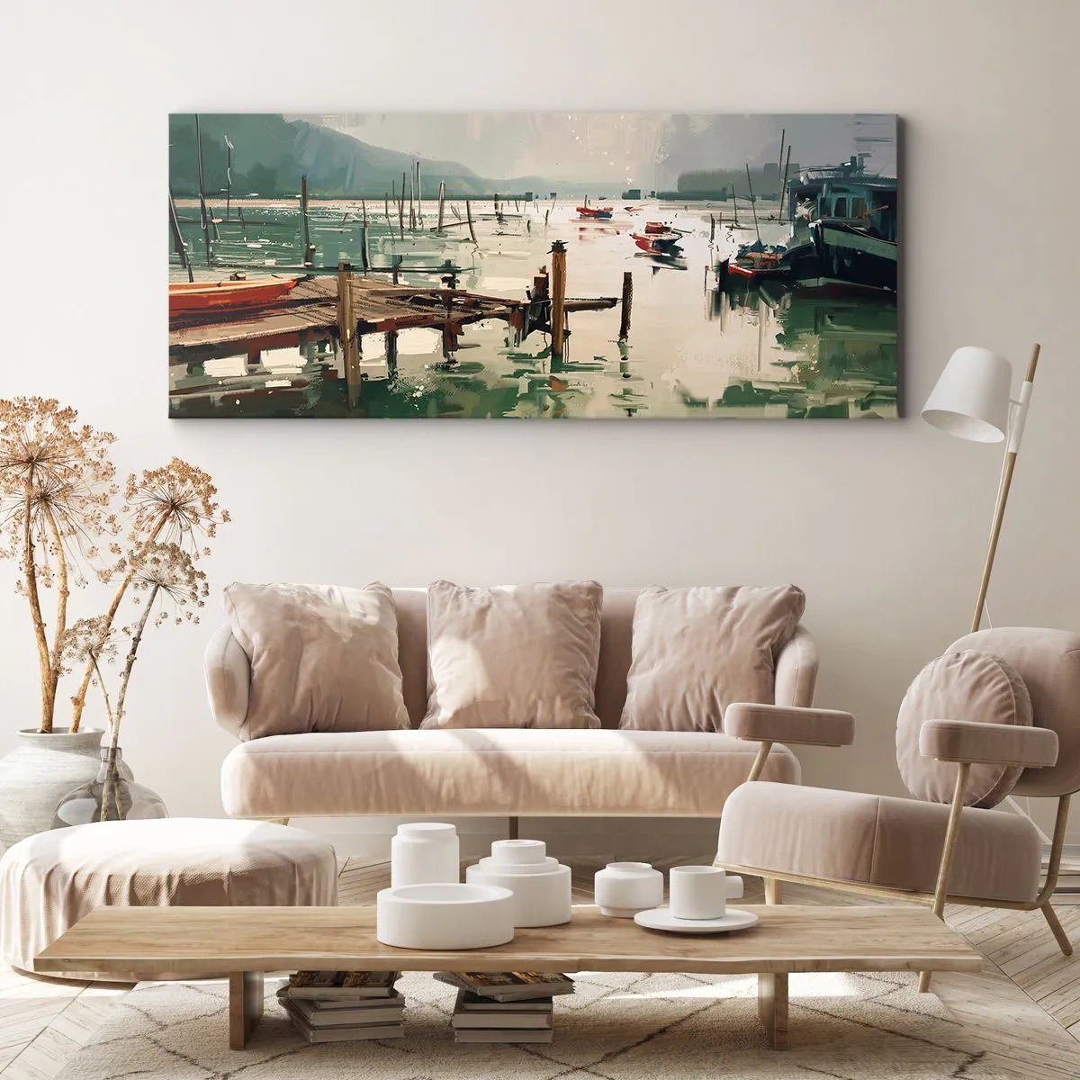 Impression sur toile - Image sur toile - Un port pittoresque avec des bateaux sur une eau calme - 140x50cm - Trempé dans une lune en fusion - Décoration murale moderne pour le salon et la chambre ARTTOR