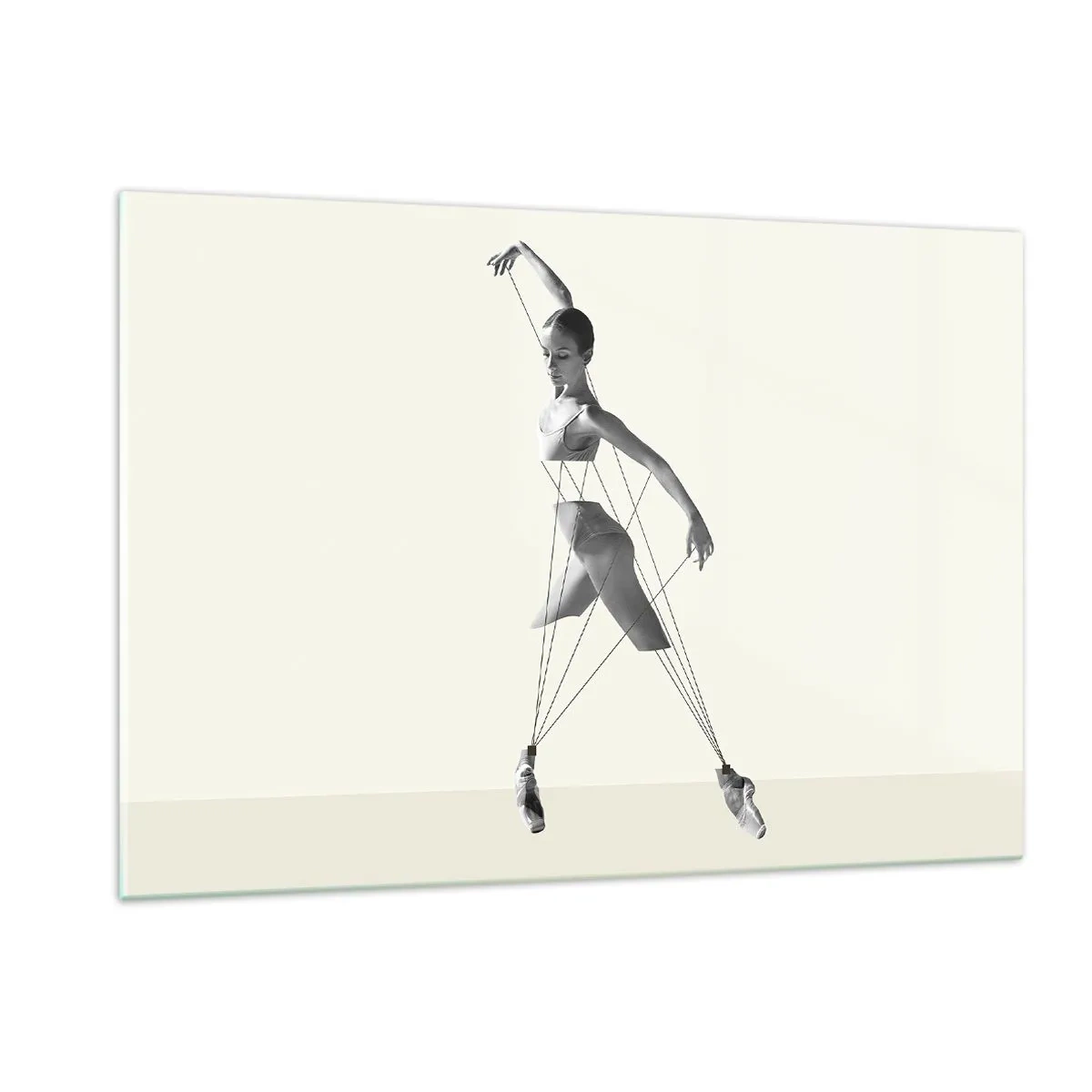 Impression sur verre - Image sur verre - Silhouette noire et blanche d'une ballerine avec un motif de lignes géométriques - 120x80cm - Dans le théatre de la vie - Décoration murale moderne pour le salon et la chambre ARTTOR