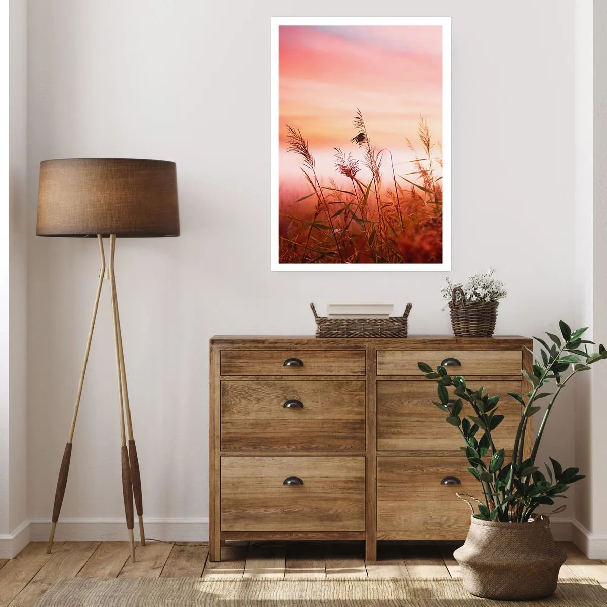 Affiche - Poster - Graminées contre un ciel coloré au coucher du soleil - 50x70cm - Cerfs-volants, pissenlits, vent - Décoration murale moderne pour le salon et la chambre ARTTOR