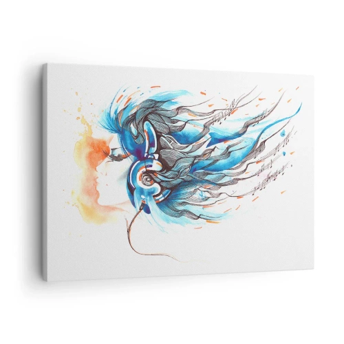 Impression sur toile - Image sur toile - Graphique artistique d'une femme portant des écouteurs avec des accents musicaux - 70x50cm - Que la musique joue - Décoration murale moderne pour le salon et la chambre ARTTOR