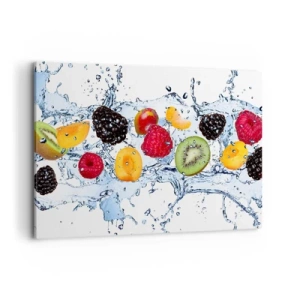 Impression sur toile - Image sur toile - Fruits colorés immergés dans des éclaboussures d'eau sur un fond blanc - 120x80cm - Amusez-vous avec nous - Décoration murale moderne pour le salon et la chambre ARTTOR