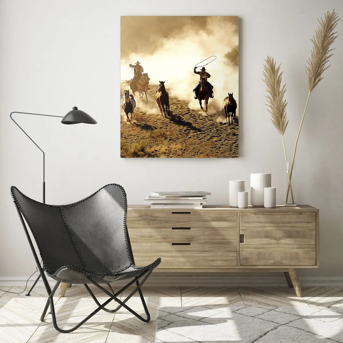 Impression sur verre - Image sur verre - Cowboys à cheval dans la poussière lors d'un rodéo - 50x70cm - L'ouest vraiment sauvage - Décoration murale moderne pour le salon et la chambre ARTTOR
