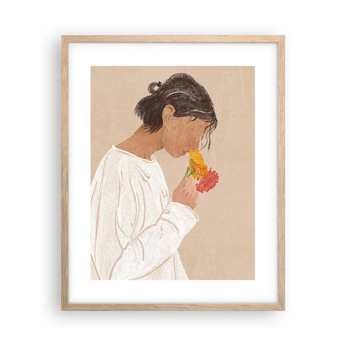 Affiche dans un chêne clair - Poster - Fille et fleurs - 40x50 cm