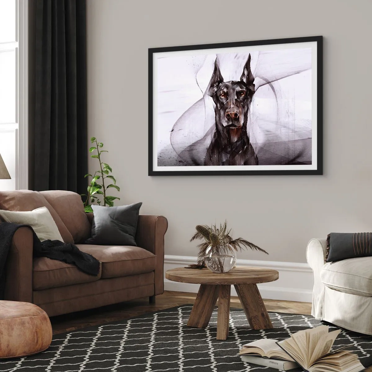 Affiche dans un cadre noir - Poster - Portrait abstrait d'un chien dans une démarche artistique - 70x50cm - Né noble - Décoration murale moderne pour le salon et la chambre ARTTOR