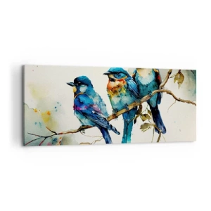 Impression sur toile - Image sur toile - Trois oiseaux colorés sur une branche dans un style aquarelle - 120x50cm - A-t-il été offensé ? - Décoration murale moderne pour le salon et la chambre ARTTOR