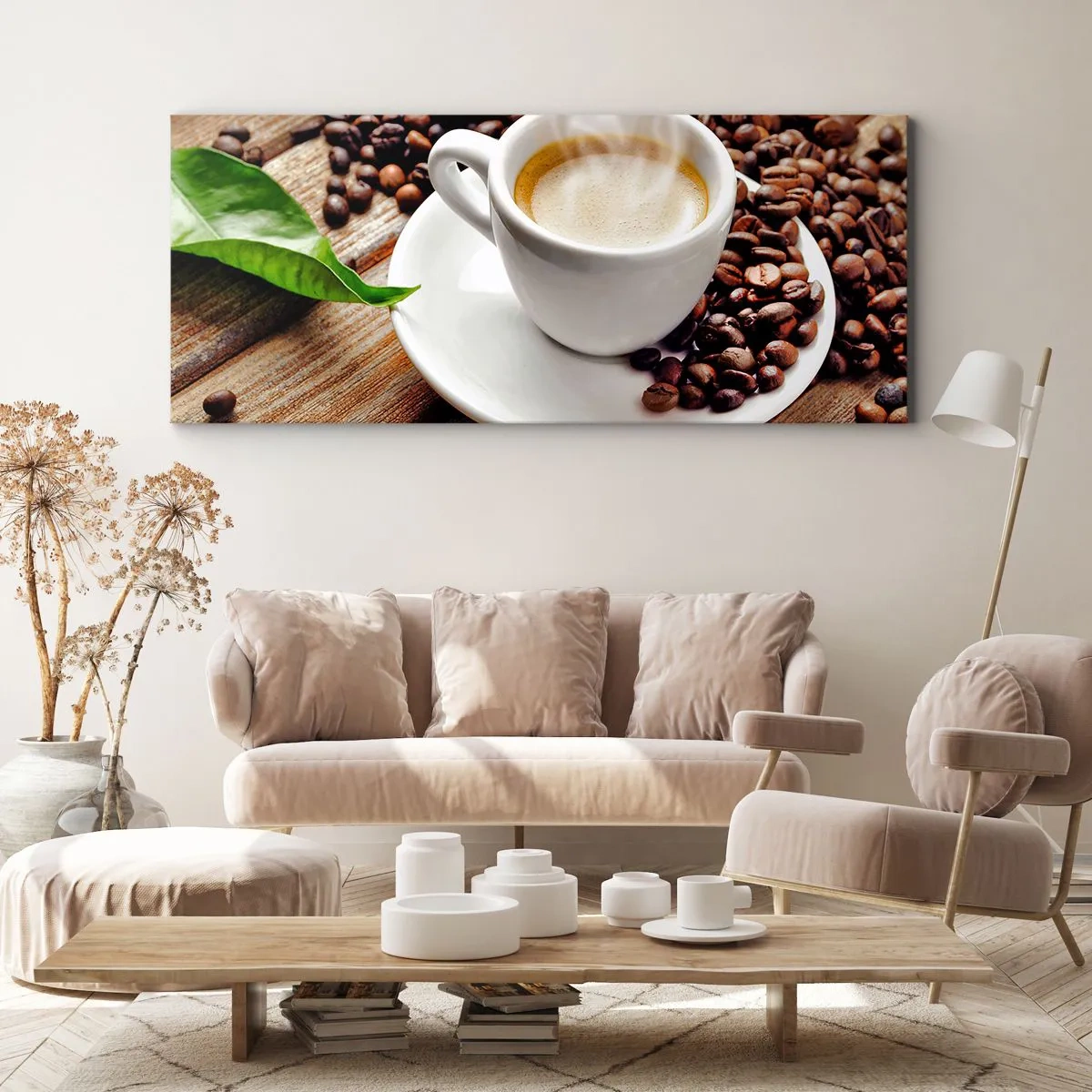 Impression sur toile - Image sur toile - Une tasse de café aromatique sur fond de grains et d'une feuille - 140x50cm - Café sur un banc - Décoration murale moderne pour le salon et la chambre ARTTOR