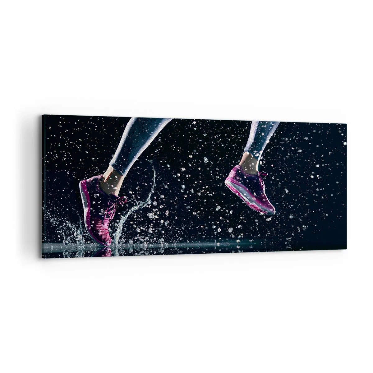 Impression sur toile - Image sur toile - Une prise de vue dynamique d'une course sous la pluie sur fond noir - 120x50cm - Combien de force dans les jambes - Décoration murale moderne pour le salon et la chambre ARTTOR