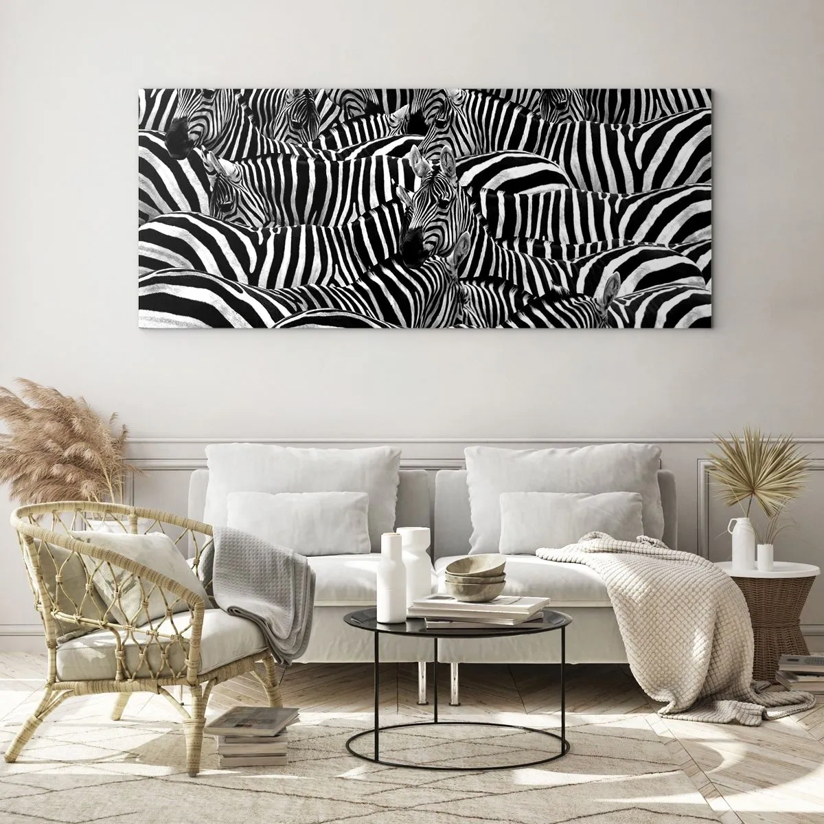 Impression sur verre - Image sur verre - Un groupe de zèbres avec des rayures noires et blanches créant un motif de symétrie. - 160x50cm - Portrait collectif à rayures - Décoration murale moderne pour le salon et la chambre ARTTOR