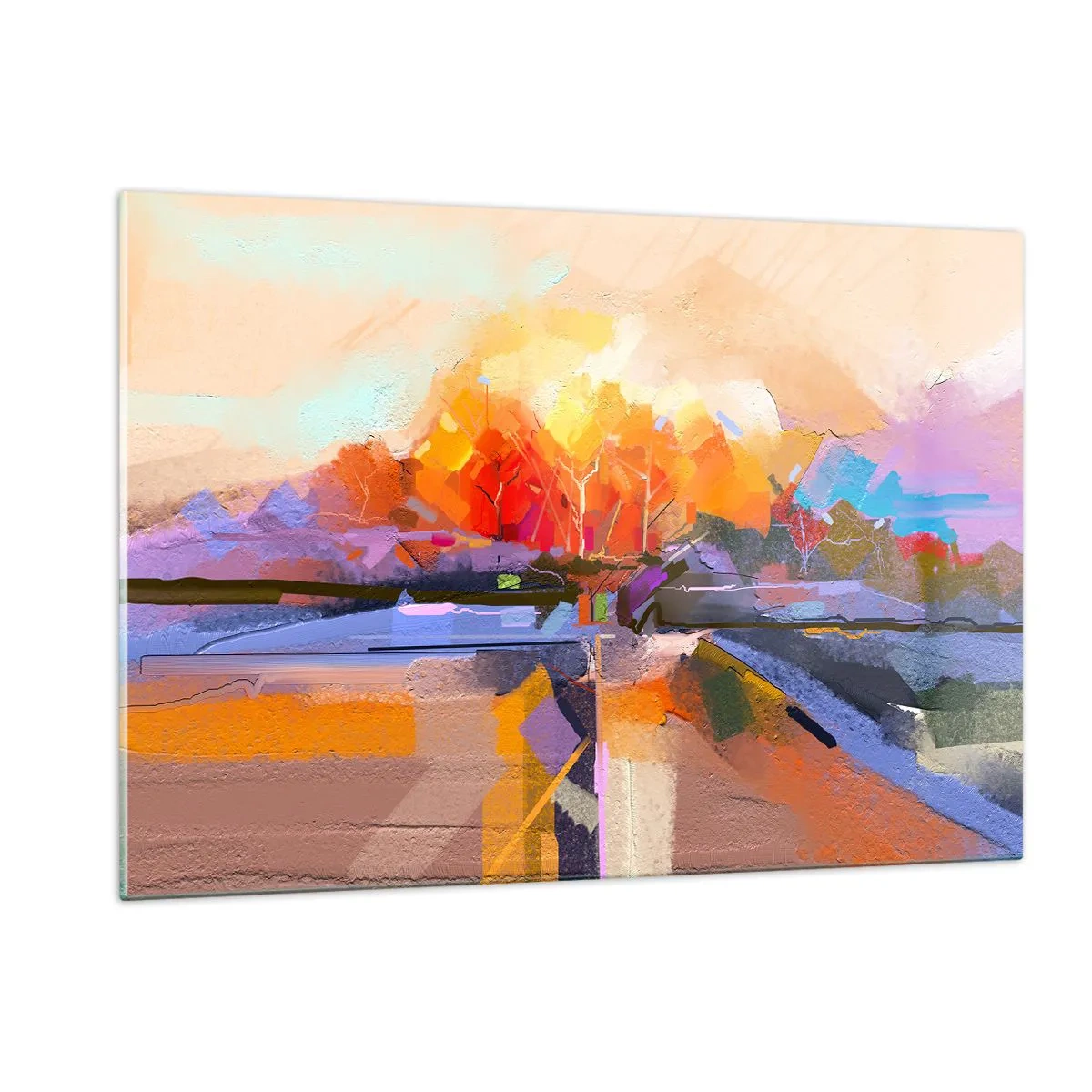 Impression sur verre - Image sur verre - Paysage abstrait avec un coucher de soleil et des champs colorés - 120x80cm - L'automne est arrivé - Décoration murale moderne pour le salon et la chambre ARTTOR