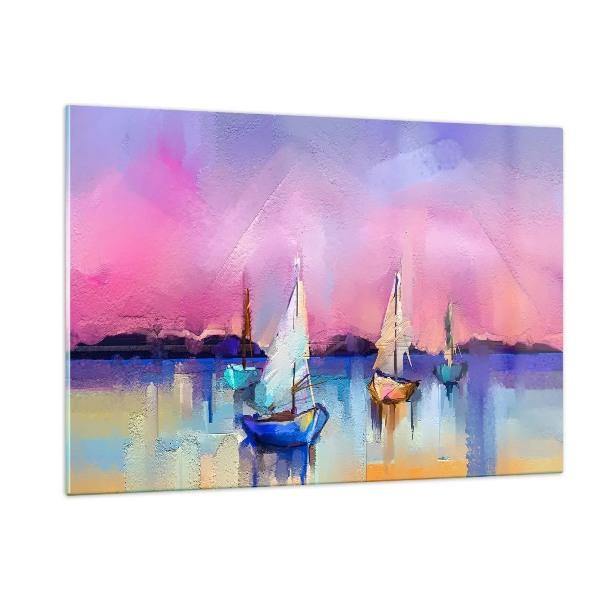 Impression sur verre - Image sur verre - Marina abstraite avec voiliers au coucher du soleil - 120x80cm - Direction: les eaux larges - Décoration murale moderne pour le salon et la chambre ARTTOR