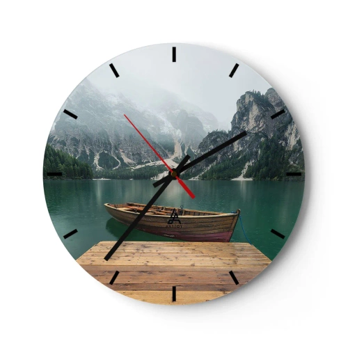 Horloge murale - Pendule murale - Un bateau en bois sur un lac entouré de montagnes - 30x30cm - Faire face à la fierté des rochers - Décoration murale moderne pour le salon, la cuisine et la chambre ARTTOR
