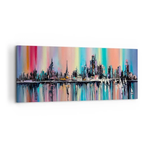 Impression sur toile - Image sur toile - Paysage urbain coloré avec reflet sur l'eau - 120x50cm - Noyé par la lumière de la nuit - Décoration murale moderne pour le salon et la chambre ARTTOR