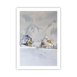 Affiche - Poster - Paysage d'hiver avec un chalet et une botte de foin dans les montagnes - 50x70cm - Dans une vallée enneigée - Décoration murale moderne pour le salon et la chambre ARTTOR