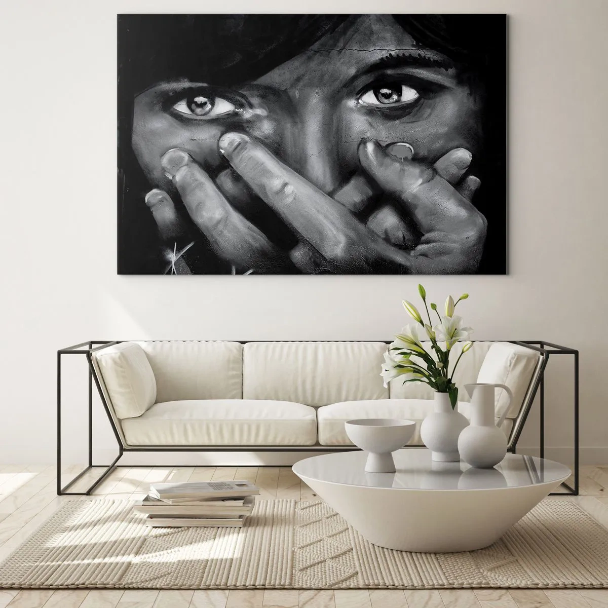 Impression sur verre - Image sur verre - Un portrait en noir et blanc avec un regard émotionnel - 70x50cm - Je ne dirai pas qui a peint - Décoration murale moderne pour le salon et la chambre ARTTOR