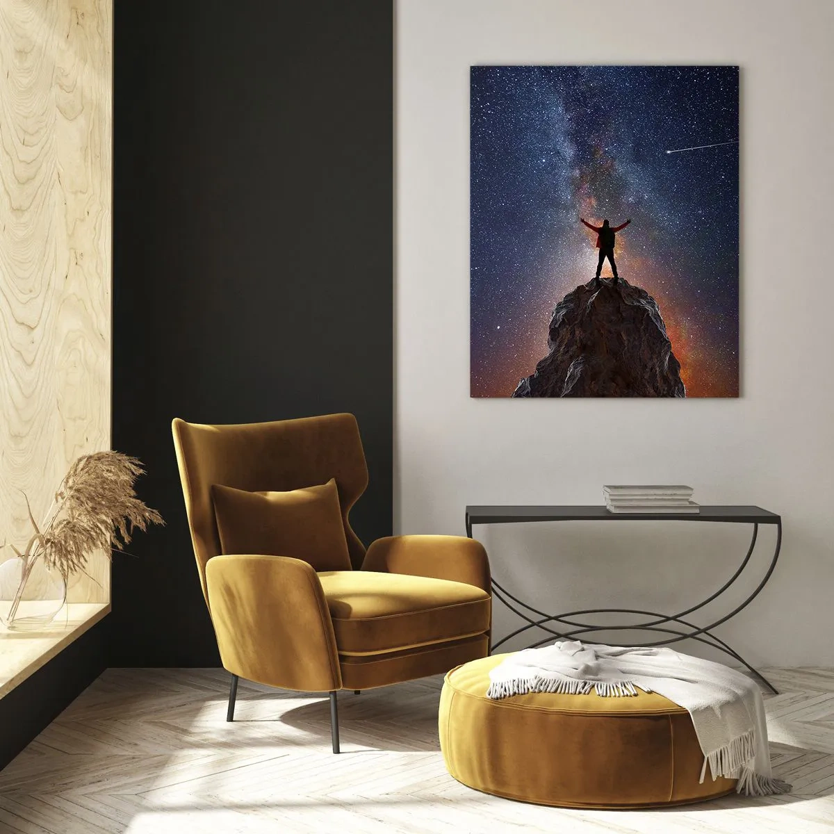 Impression sur verre - Image sur verre - Silhouette d'un homme au sommet d'un rocher sous un ciel étoilé - 50x70cm - Le force est avec moi! - Décoration murale moderne pour le salon et la chambre ARTTOR
