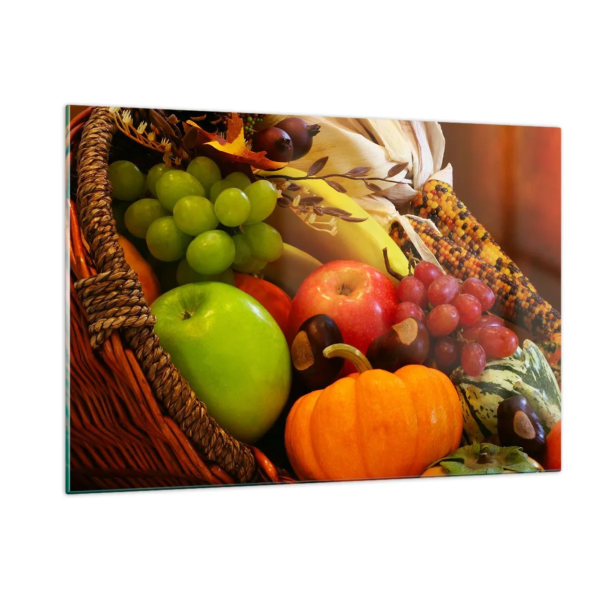Impression sur verre - Image sur verre - Un panier rempli de fruits et légumes dans un arrangement d'automne - 120x80cm - Panier de récolte - Décoration murale moderne pour le salon et la chambre ARTTOR