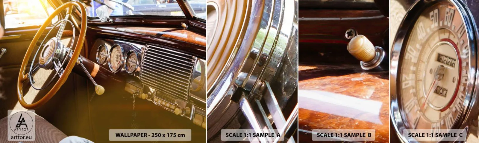 Échantillon De Papier Peint Standard Eco - Souffle de luxe venu du passé - Voiture ancienne, Automobile, Tableau de bord - 100x30 cm