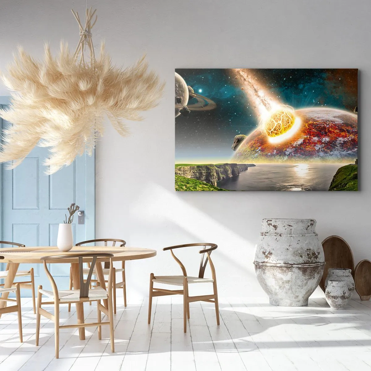 Impression sur toile - Image sur toile - Une météorite entre en collision avec une planète dans un paysage cosmique. - 100x70cm - Drame spatial - Décoration murale moderne pour le salon et la chambre ARTTOR