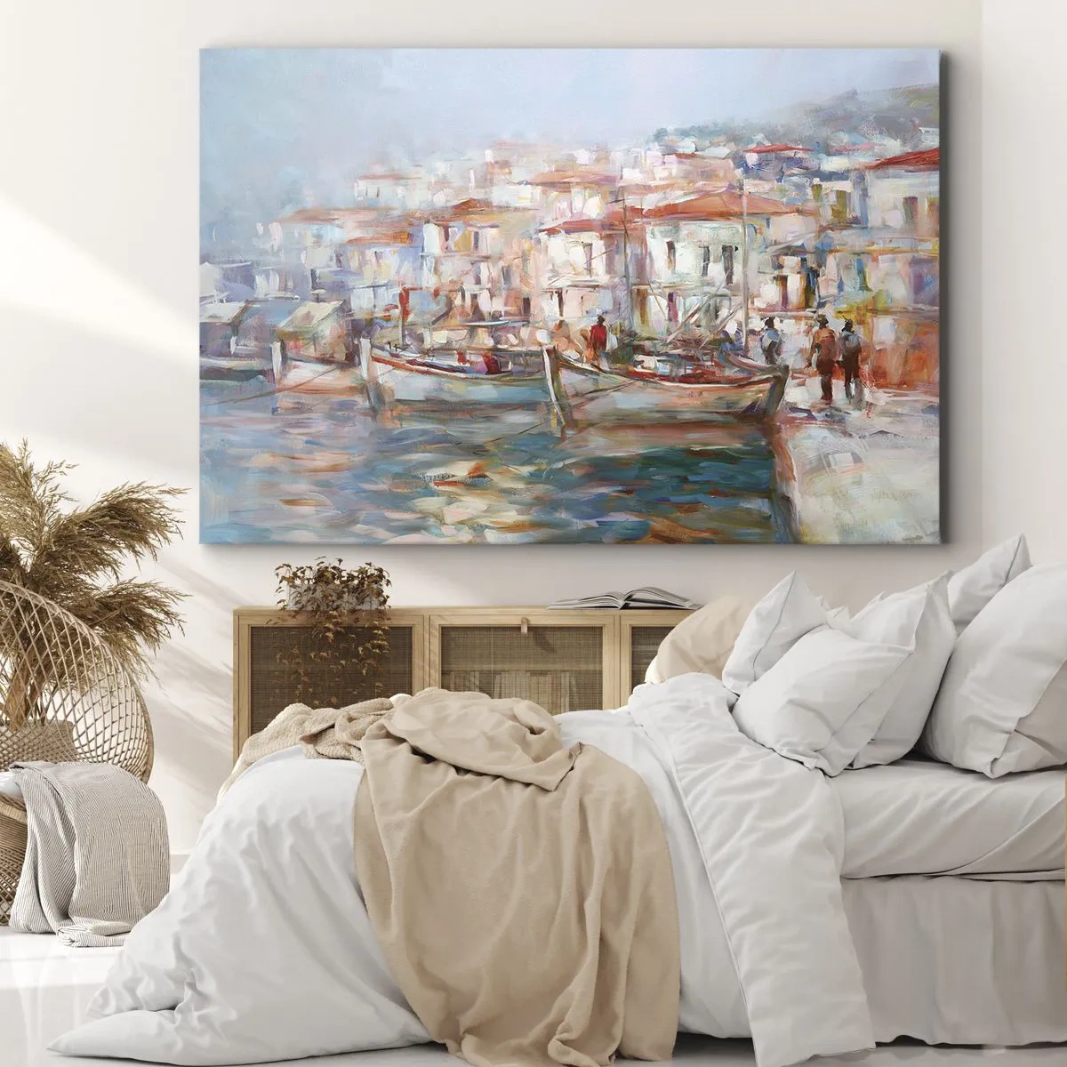 Impression sur toile - Image sur toile - Impression de port avec bateaux et bâtiments - 70x50cm - Vacances pastelles - Décoration murale moderne pour le salon et la chambre ARTTOR
