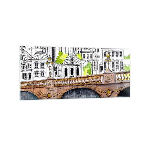 Impression sur verre - Image sur verre - Dessin du pont et de l'architecture urbaine historique - 120x50cm - Une ville comme peinte - Décoration murale moderne pour le salon et la chambre ARTTOR